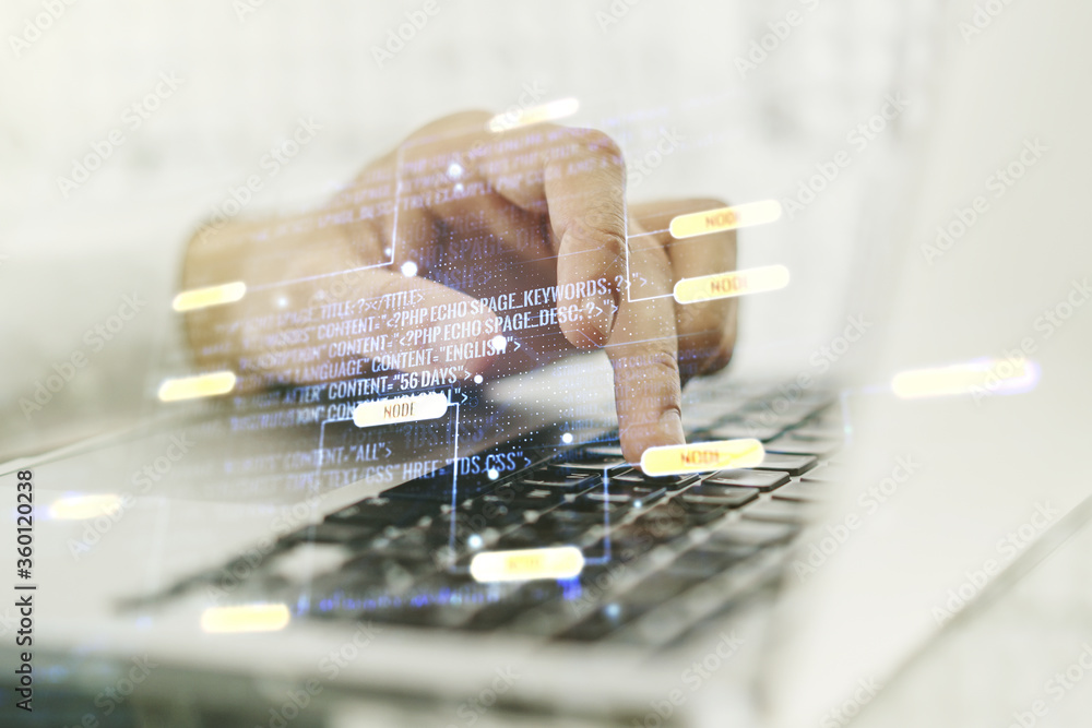 Poster abstract creative coding concept with hands typing on laptop on background. multiexposure