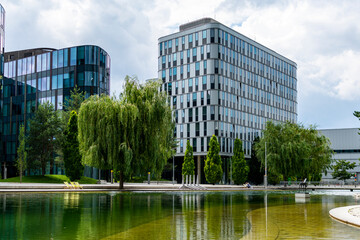 Corporte building Vienna.  The Vienna International Center is a Complex with tall skyscrapers and high rise (corporate and residential) buildings next to the Danube River. 
