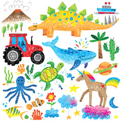 set of funny cartoon animals kids doodle hand drawn unicorn whale tractor dinosaur turtle fish clouds icon set © artnLera