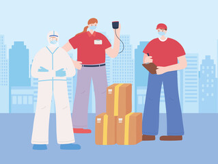 thank you essential workers, workers delivery and doctor with protective suit, various occupations, coronavirus covid 19 disease