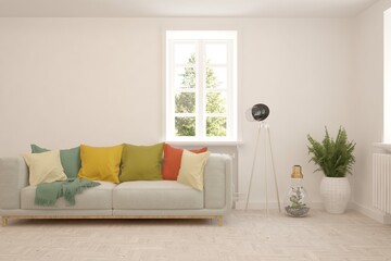 White living room with sofa and summer landscape in window. Scandinavian interior design. 3D illustration