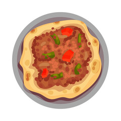 Flatbread with Forcemeat and Vegetables Served on Plate Top View Vector Illustration