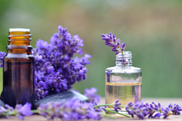bottles of essential oil among lavender flower arranged on a wooden table in garden