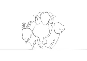 One single line drawing of camel, goat and sheep head. Muslim holiday the sacrifice an animal to God, Eid al Adha greeting card concept continuous line draw design illustration