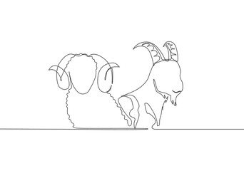 One single line drawing of goat and sheep head. Muslim holiday the sacrifice animal such as goat, camel, sheep and cow, Eid al Adha greeting card concept continuous line draw design illustration