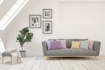 White living room with sofa. Scandinavian interior design. 3D illustration