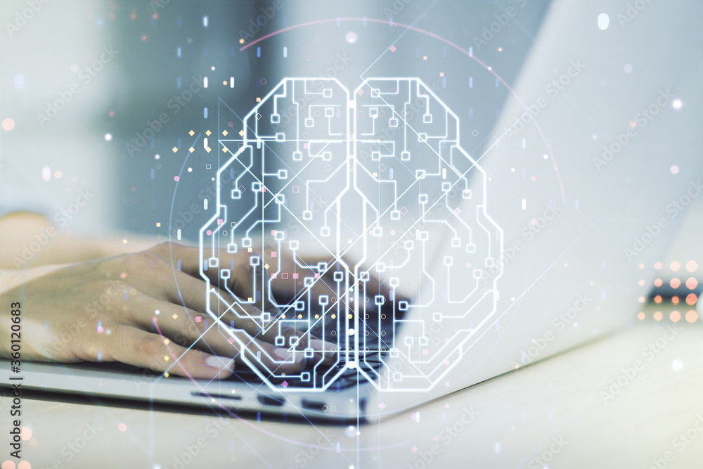 Poster creative artificial intelligence concept with human brain sketch and hands typing on computer keyboa