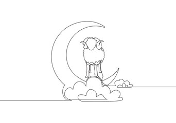 One continuous line drawing of sheep standing on moon at cloudy sky. Muslim holiday the sacrifice an animal to God, Eid ul Adha greeting card concept single line draw design illustration