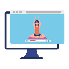 online, yoga concept, woman practices yoga and meditation, watching a broadcast on a computer