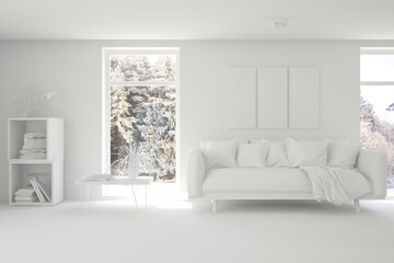 White minimalist living room with sofa. Scandinavian interior design. 3D illustration