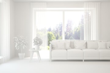 White living room with sofa and winter landscape in window. Scandinavian interior design. 3D illustration