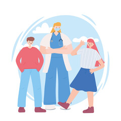 Fototapeta premium thank you essential workers, female doctor with kids, wearing face mask, coronavirus covid 19 disease