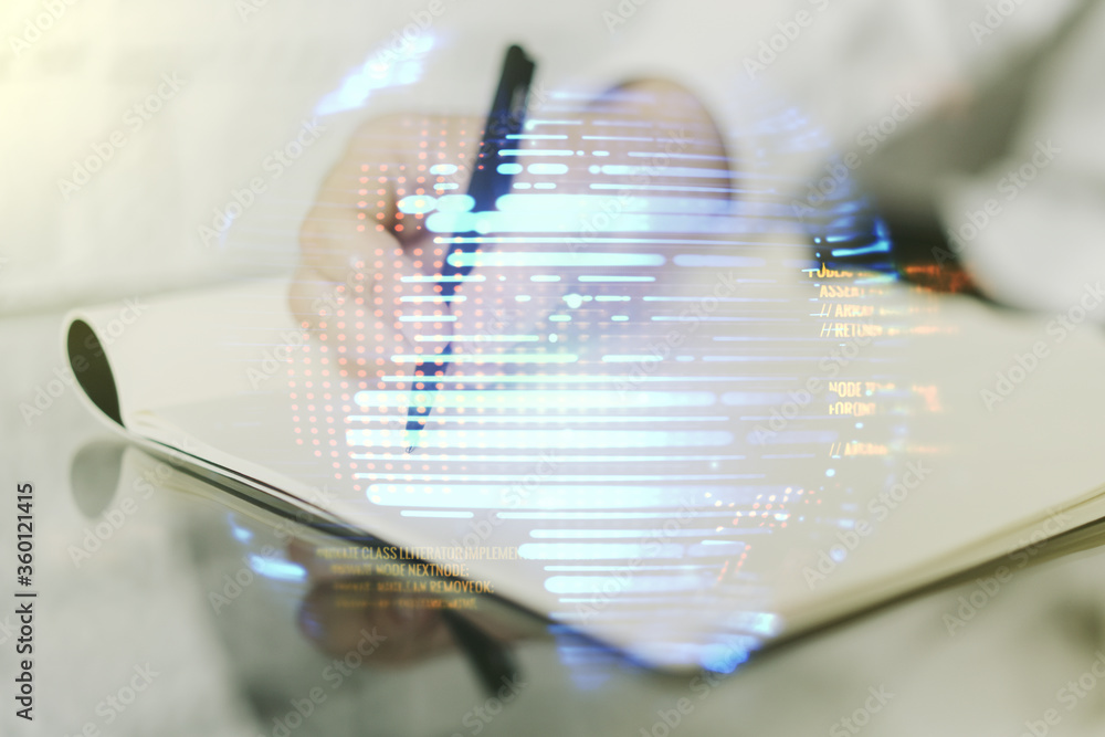 Aufkleber abstract creative coding concept with world map and man hand writing in notebook on background. mult