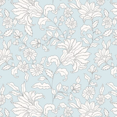 Fototapeta na wymiar Folk White Floral Pastel Seamless Pattern