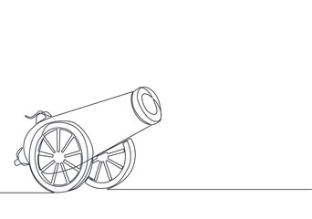 Ramadan Kareem greeting card, banner and poster design. One continuous line drawing of metal cannon ball aimed to the sky ready to shot with white background. Single line draw vector illustration