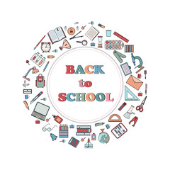 round frame of school supplies with text back to school, color vector illustration, design, decoration