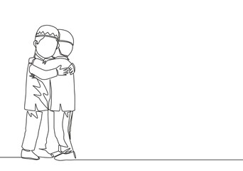Ramadan Kareem greeting card, poster and banner design. One single line drawing of two young happy muslim boys hugging to forgive each other. Continuous line draw vector illustration