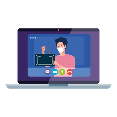 shopping online on website or mobile, man wearing medical mask against covid 19 with sign hanging in laptop