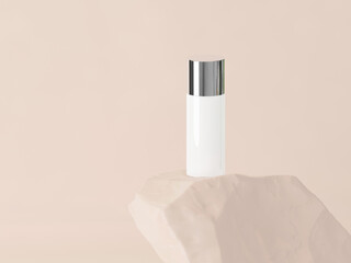 Cosmetic product on the stone with pastel brown background.3d rendering.cosmetic minimal concept