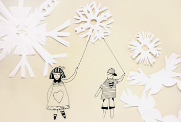 An illustration drawing of a girl and a boy holding a paper snowflake