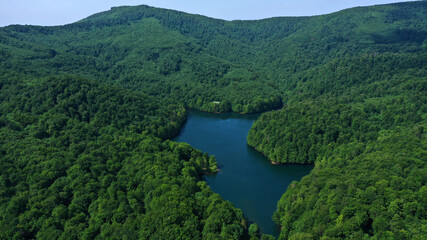 Naklejka na ściany i meble Aerial view of Morske oko lake in Remetske Hamre village in Slovakia