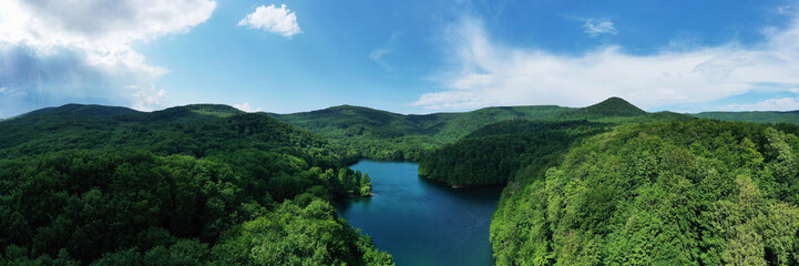 Aerial view of Morske oko lake in Remetske Hamre village in Slovakia