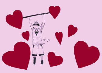 An illustration drawing of a boy who raises barbell of red hearts over his head and many paper hearts around him
