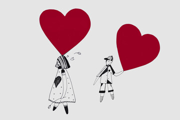 An illustration drawing of a girl and a boy holding red hearts of paper like balloons