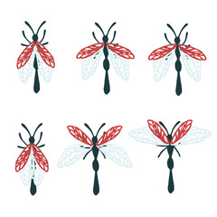 Set of simple flat dragonfly with different wings collection insects flat vector illustration isolated on white background