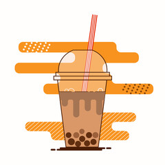 Brown bubble milk tea ads with delicious tapioca black pearls. Cute bubble tea kawaii smiled character. Taiwanese famous and popular drink Boba. Cartoon flat vector icon isolated on white background.