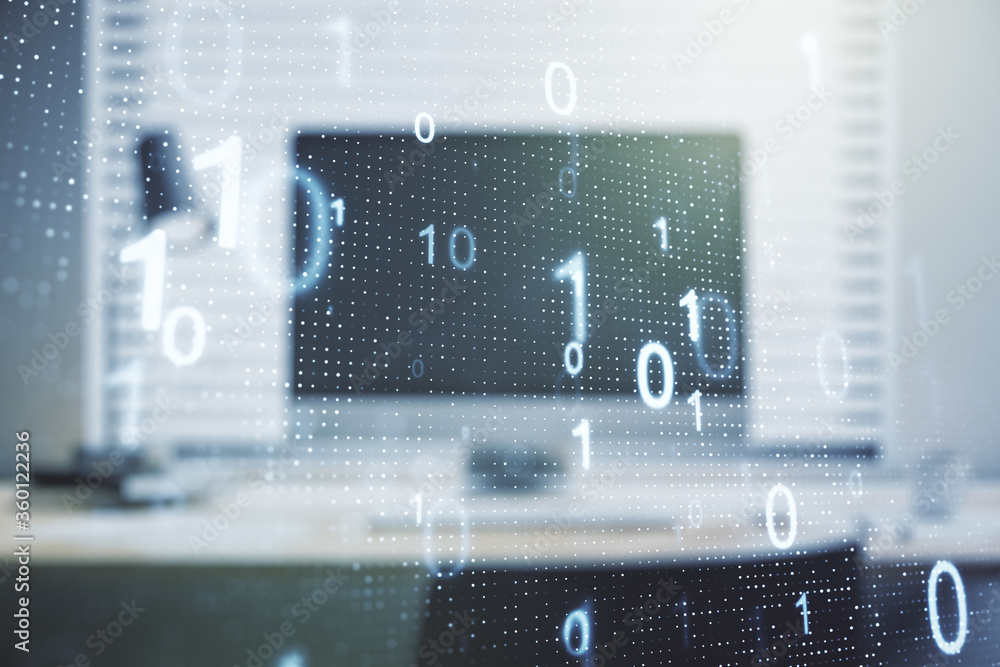 Poster creative abstract binary code hologram on modern computer background, ai and machine learning concep