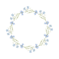 Wreath of watercolor flowers cornflowers on a white background. Use for wedding invitations, holidays, menus.