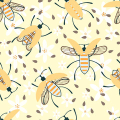 Seamless pattern of cartoon simple beetle collection colored insects flat vector illustration on yellow background