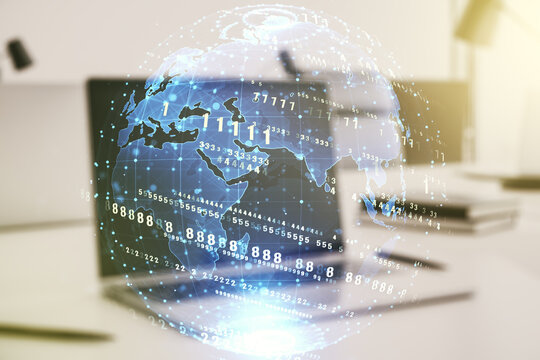 Double exposure of abstract creative programming illustration with world map on computer background, big data and blockchain concept