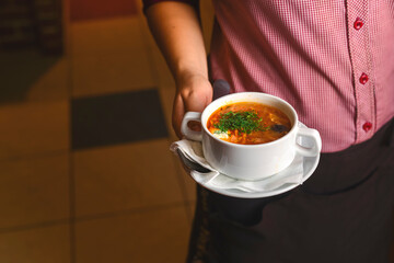 Man holding a bowl of soup. Waiter serving fresh hot soup in a diner or restaurant. Healthy...