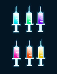 Set of medical plastic syringe with medicine or vaccine colorful liquid flat vector illustration on dark background