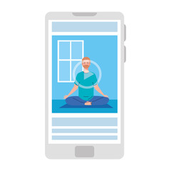 online, yoga concept, man practices yoga and meditation, watching a broadcast on a smartphone