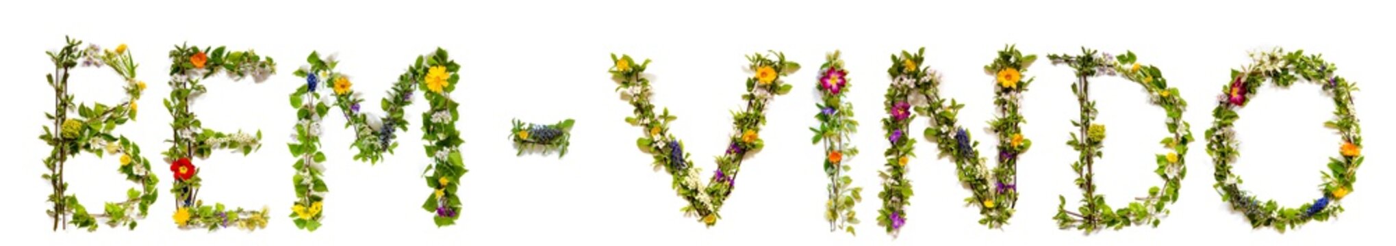 Flower, Branches And Blossom Letter Building Portuguese Word Bem-Vindo Means Welcome. White Isolated Background