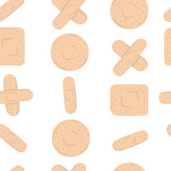 Seamless pattern with medical plasters patch with different shapes flat vector illustration on white background
