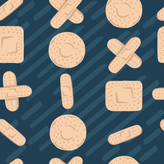 Seamless pattern with medical plasters patch with different shapes flat vector illustration on striped blue background