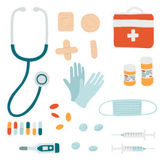 Big set with simple style medical tools flat vector illustration isolated on white background