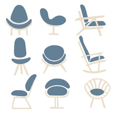 Set of different wooden chairs for office home or yard flat vector illustration on white background