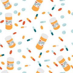 Seamless pattern with pills and bottle pills flat vector illustration on white background