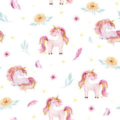 Cute watercolor seamless pattern with unicorn. Nursery unicorns illustration.
