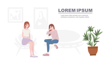 Group of people in casual clothes sitting on soft chairs cafe room with chair table flat vector illustration on white background