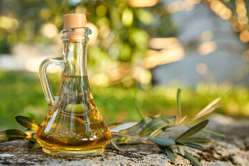 olive oil and green olives outdoor