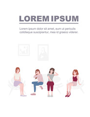 Group of people in casual clothes sitting on soft chairs cafe room with chair table flat vector illustration on white background