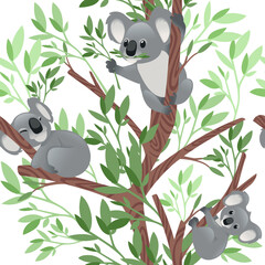 Seamless pattern of cute grey koala bear in different poses eating sleeping leaves cartoon animal design flat vector illustration on white background with leaves