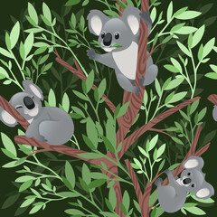 Seamless pattern of cute grey koala bear in different poses eating sleeping leaves cartoon animal design flat vector illustration on green background with leaves © Alfmaler