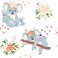 Seamless pattern cute gray female koala mother with small children flat vector illustration on white background with flowers © Alfmaler